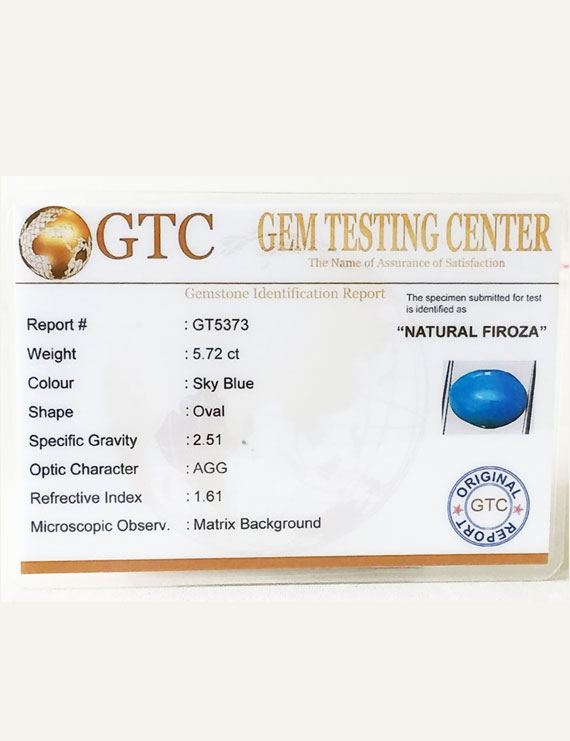 5.72 ct Natural Certified Firoza/Turquoise