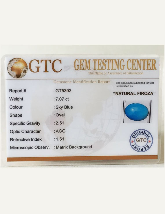 7.07 Ct Natural Firoza (Turquoise) | Certified Turquoise Gemstone