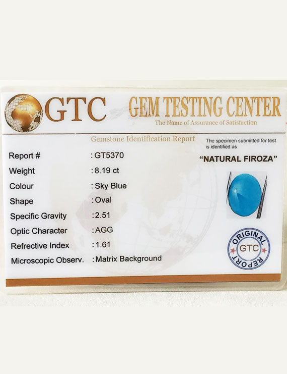 8.19 Ct Natural Firoza (Turquoise) | Certified Turquoise Gemstone