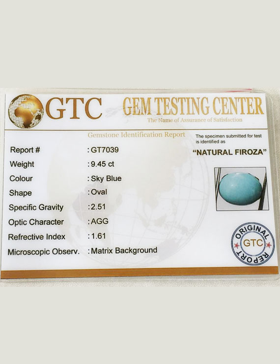 9.45 ct Natural Certified Firoza/Turquoise