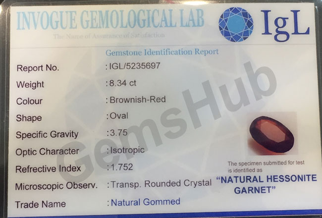 9.25 ratti (8.34 ct) Natural Hessonite Gomed Certified