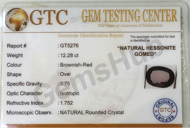 13.50 ratti (12.28 ct) Natural Hessonite Gomed Certified
