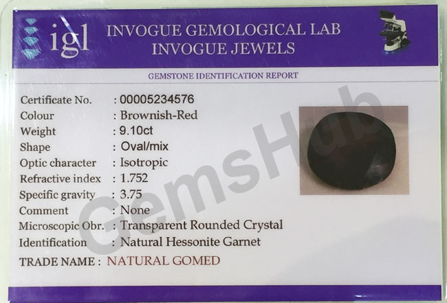 10.25 ratti (9.10 ct) Natural Hessonite Gomed Certified