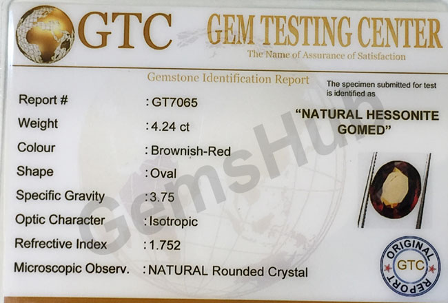 4.60 ratti (4.24 ct) Natural Hessonite Ceylon Gomed Certified