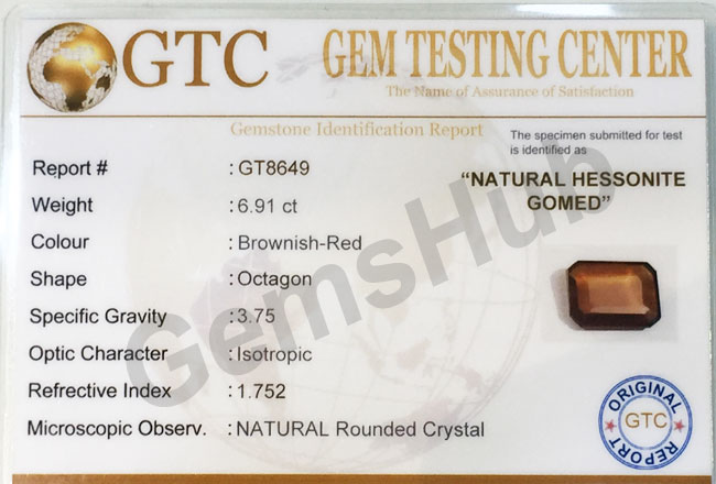 7.60 ratti (6.91 ct) Natural Hessonite Ceylon Gomed Certified