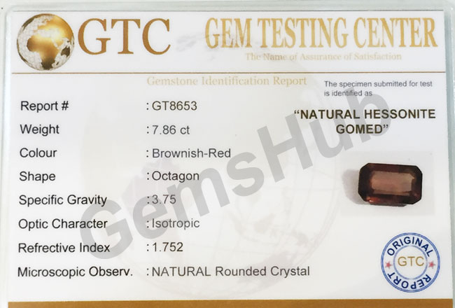 8.60 ratti (7.86 ct) Natural Hessonite Ceylon Gomed Certified
