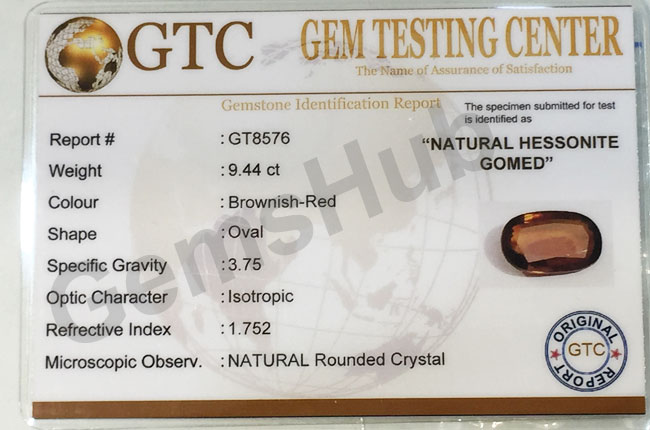 10.50 ratti (9.44 ct) Natural Hessonite Ceylon Gomed Certified