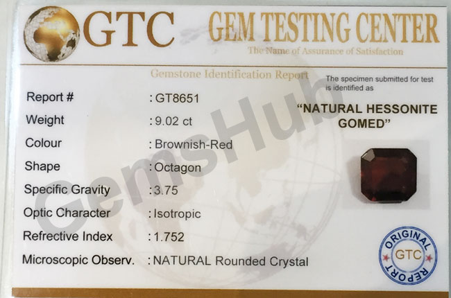 10.00 ratti (9.02 ct) Natural Hessonite Ceylon Gomed Certified
