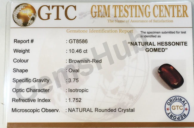 11.50 ratti (10.46 ct) Natural Hessonite Ceylon Gomed Certified