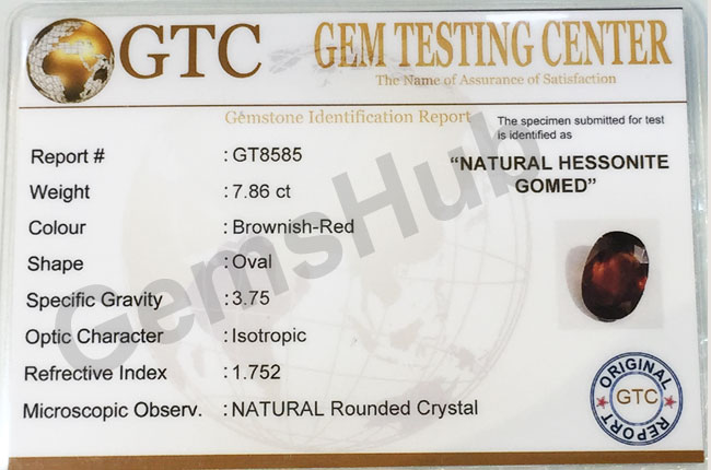 8.60 ratti (7.86 ct) Natural Hessonite Ceylon Gomed Certified