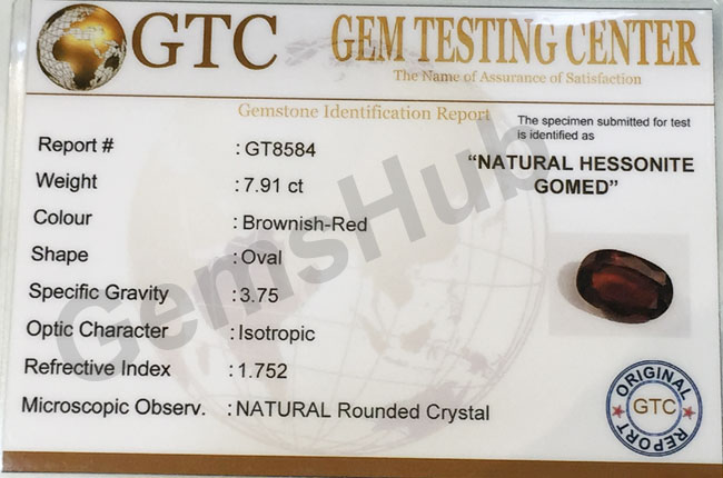 8.80 ratti (7.91 ct) Natural Hessonite Ceylon Gomed Certified