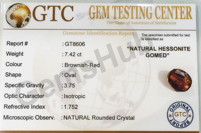 8.25 ratti (7.42 ct) Natural Hessonite Ceylon Gomed Certified