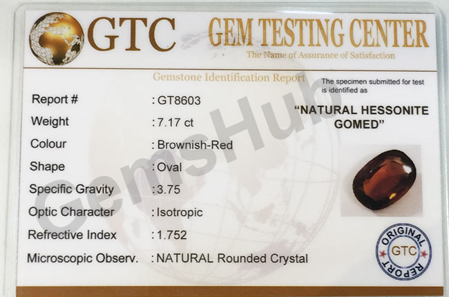 8.00 ratti (7.17 ct) Natural Hessonite Ceylon Gomed Certified