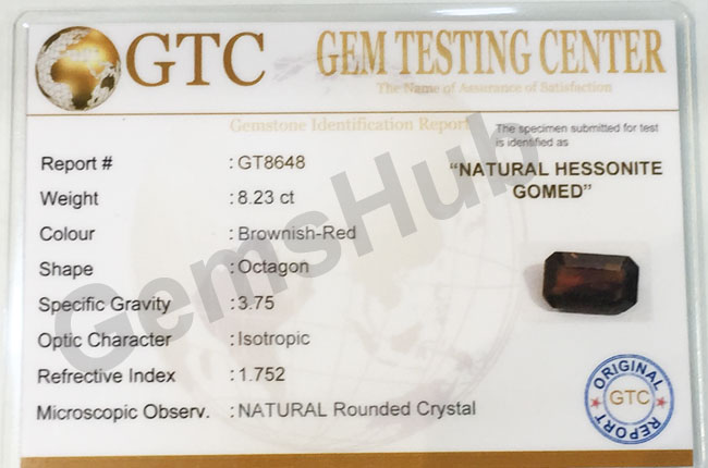 9.25 ratti (8.23 ct) Natural Hessonite Ceylon Gomed Certified