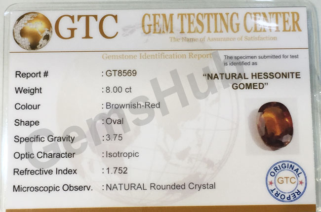 8.90 ratti (8.00 ct) Natural Hessonite Ceylon Gomed Certified