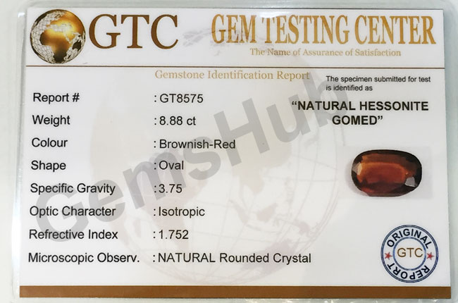 9.90 ratti (8.88 ct) Natural Hessonite Ceylon Gomed Certified