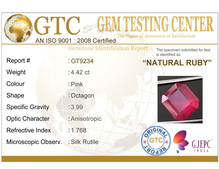 4.42 ct Certified Ruby Gemstone New Burma (Bangkok)
