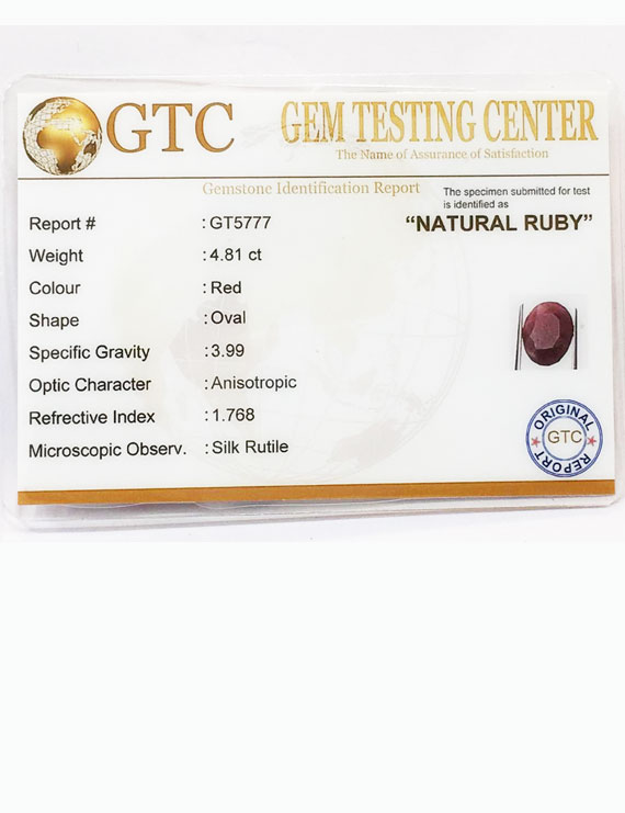 5.25 ratti/4.81ct Natural Certified Non Heat Non Treat Ruby/Manik