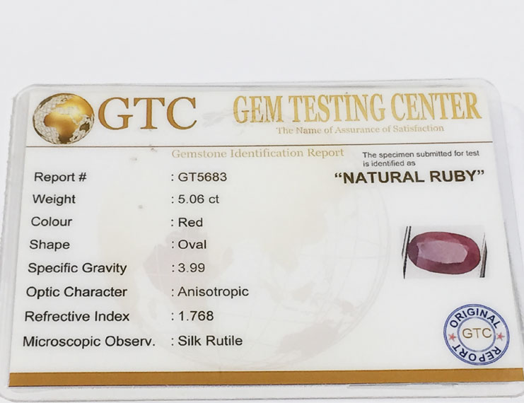 5.06 ct Natural Certified Bangkok/New Burma Ruby/Manik