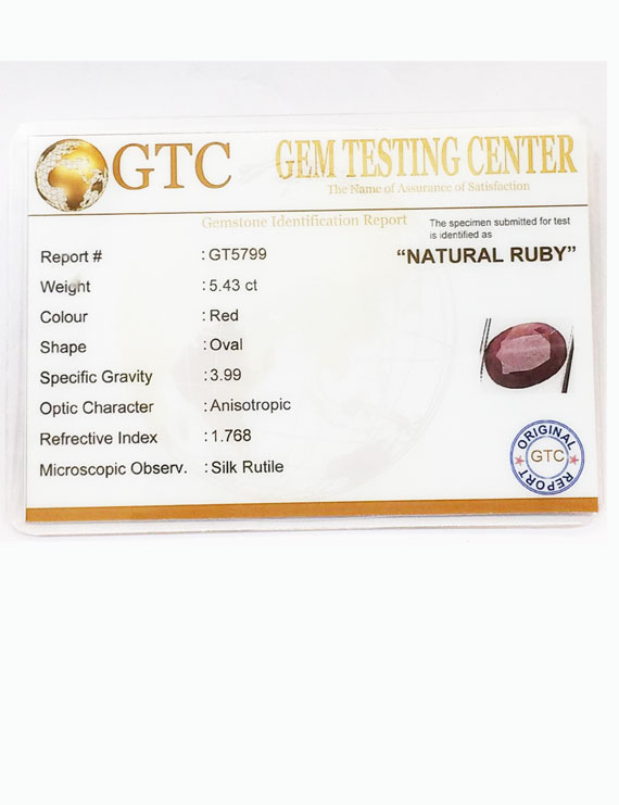 6.25 ratti/5.43 ct Natural Certified Non Heat Non Treat Ruby/Manik