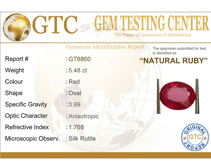 5.48 ct Natural Certified Bangkok/New Burma Ruby/Manik