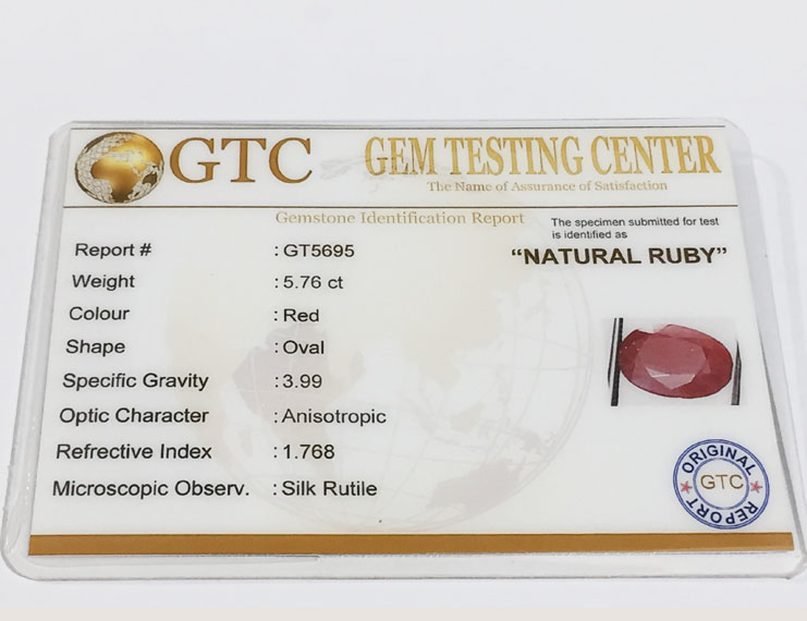 5.76 ct Natural Certified Non Heat Non Treat Ruby/Manik