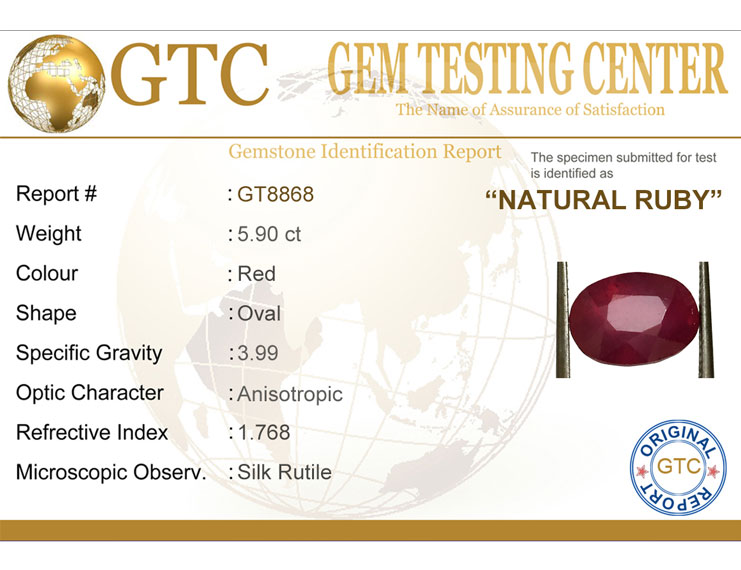 5.90 ct Natural Certified Non Heat Non Treat Ruby/Manik