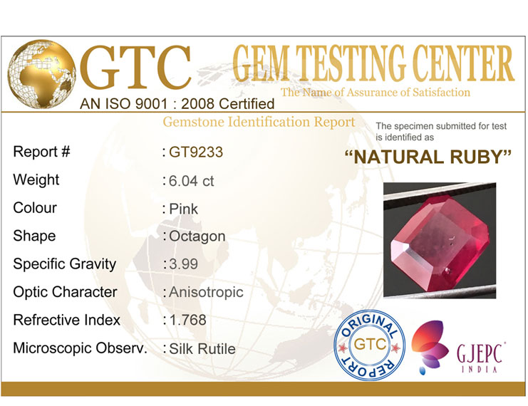 6.04 ct Certified Ruby Gemstone New Burma (Bangkok)