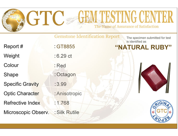 6.29 ct Natural Certified Bangkok/New Burma Ruby/Manik
