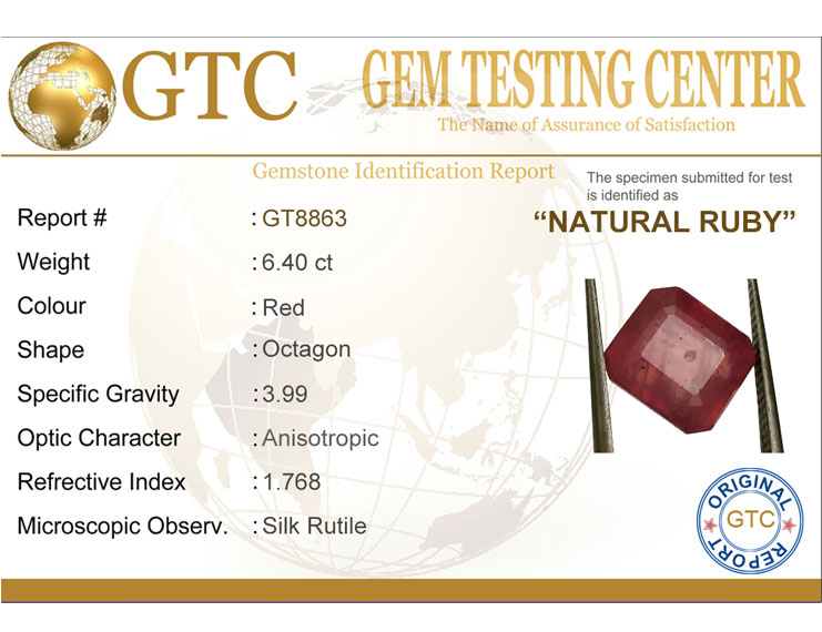 6.40 ct Natural Certified Bangkok/New Burma Ruby/Manik