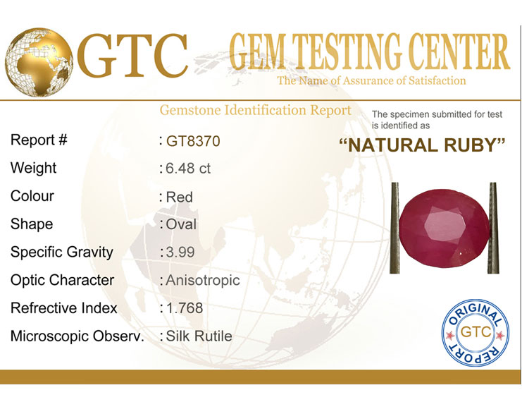 6.48 ct Natural Certified New Burma Ruby/Manik