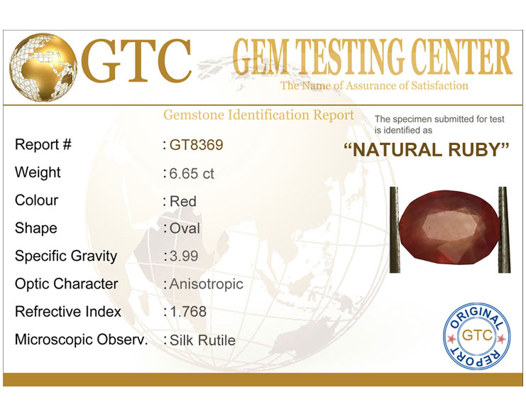 6.65 ct Natural Certified New Burma Ruby/Manik