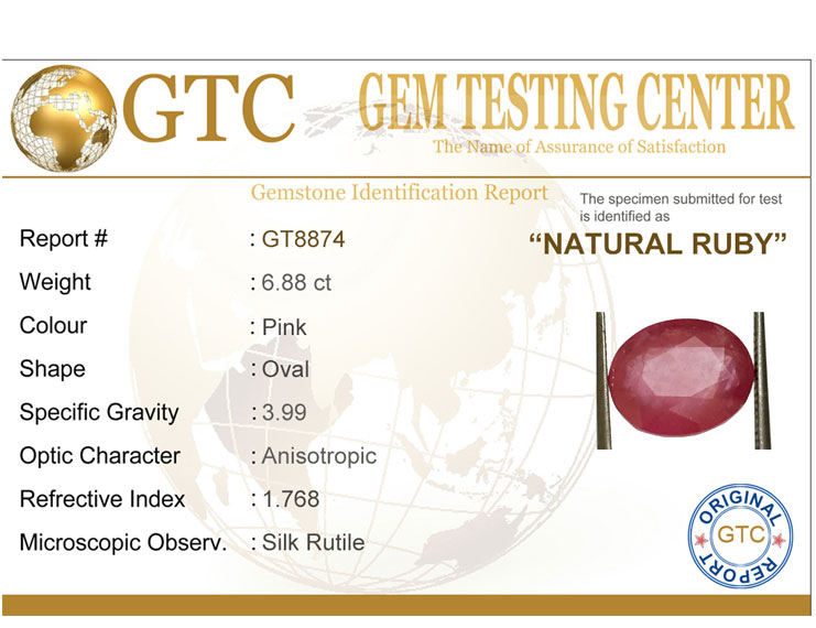 6.88 ct Natural Certified New Burma Ruby/Manik