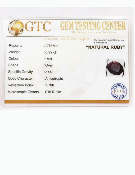 7.50 ratti/6.99ct Natural Certified Non Heat Non Treat Ruby/Manik