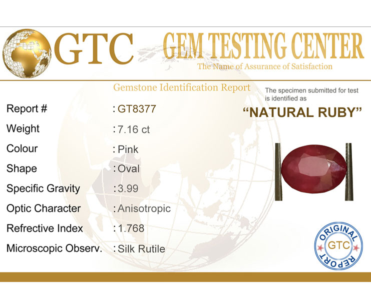 7.16 ct Natural Certified New Burma Ruby/Manik