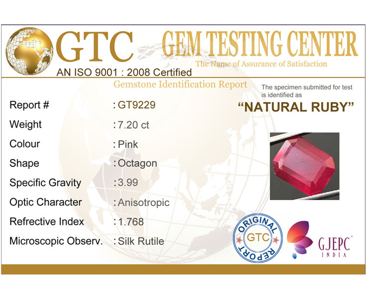 7.20 ct Certified Ruby Gemstone New Burma (Bangkok)