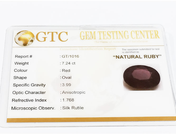 7.24 ct Natural Certified New Burma Ruby/Manik