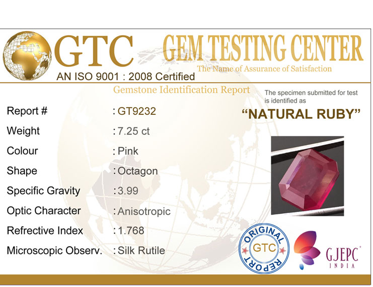 7.25 ct Certified Ruby Gemstone New Burma (Bangkok)