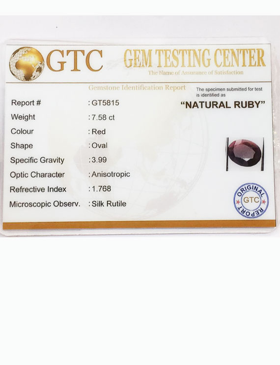 8.50 ratti/7.58 ct Natural Certified Non Heat Non Treat Ruby/Manik