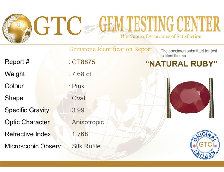 7.68 ct Natural Certified New Burma Ruby/Manik