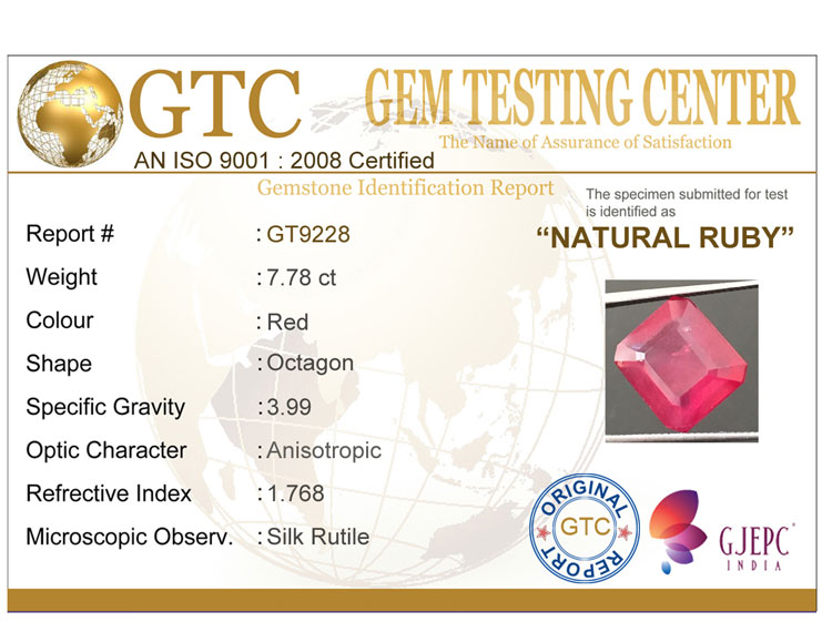 7.78 ct Certified Ruby Gemstone New Burma (Bangkok)