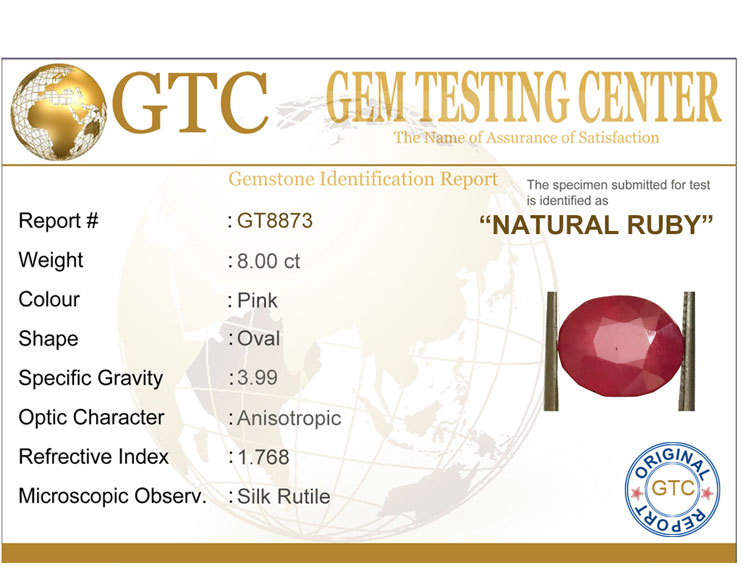 8.00 ct Natural Certified New Burma Ruby/Manik