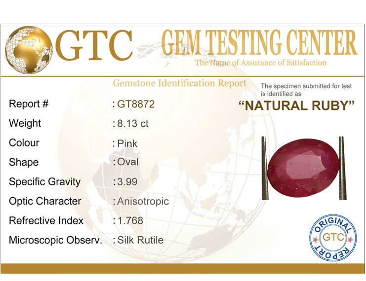 8.13 ct Natural Certified New Burma Ruby/Manik