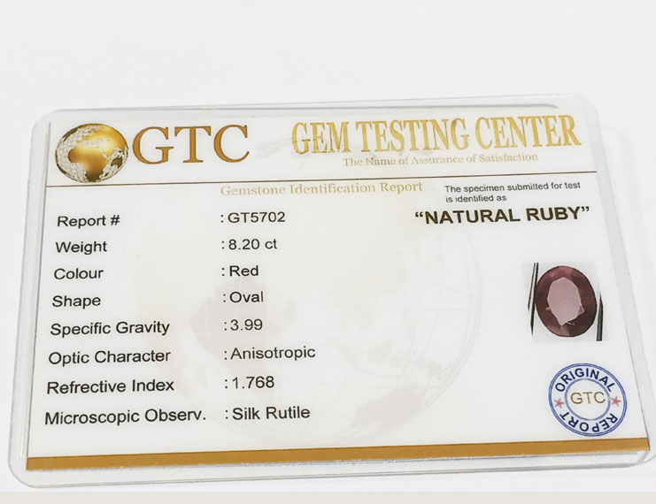 8.20 ct Natural Certified Non Heat Non Treat Ruby/Manik