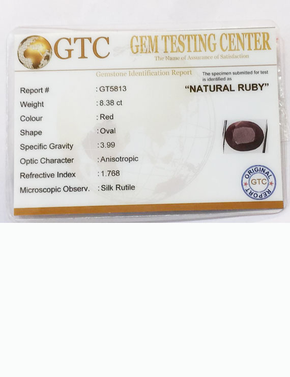 9.25 ratti/ 8.38 ct Natural Certified Non Heat Non Treat Ruby/Manik