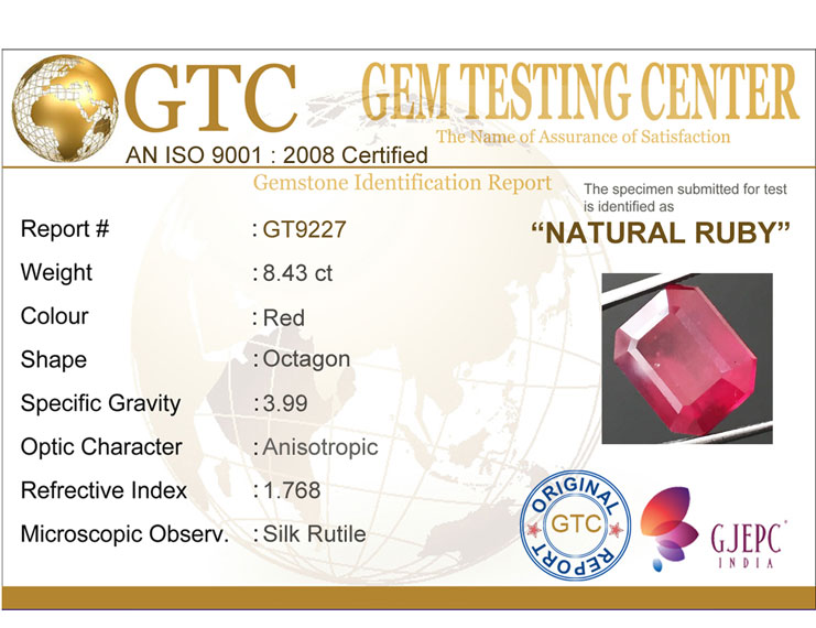 8.43 ct Certified Ruby Gemstone New Burma (Bangkok)