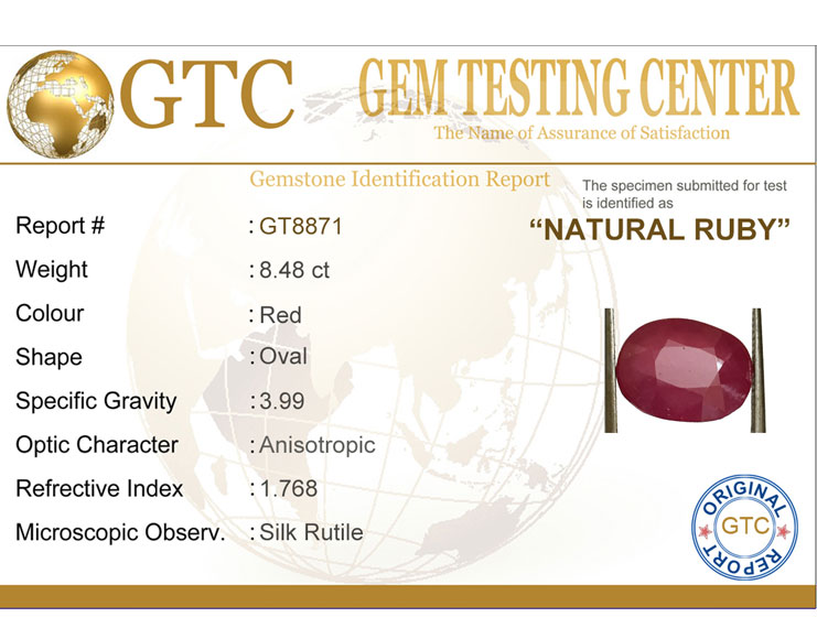 8.48 ct Natural Certified New Burma Ruby/Manik
