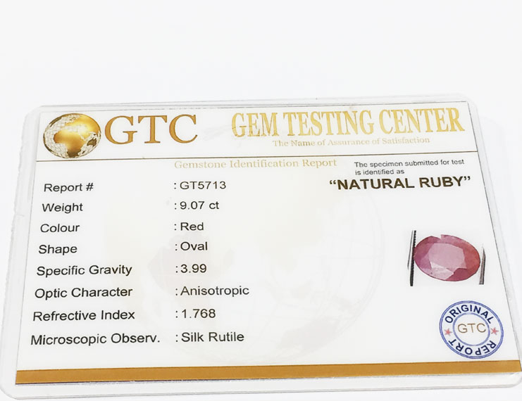 9.07 ct Natural Certified Non Heat Non Treat Ruby/Manik