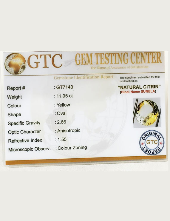 13.25 ratti (11.95 ct) Natural Certified Sunela (Citrine)