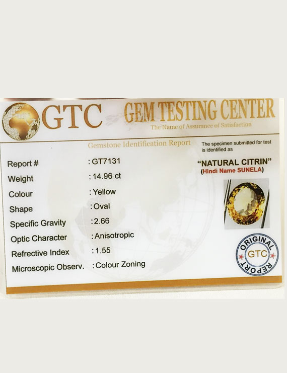 16.60 ratti (14.96 ct) Natural Certified Sunela (Citrine)